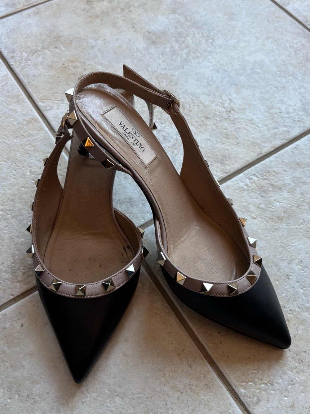 Valentino Black and Nude Rockstud Pointed Slingback Pumps Authentic